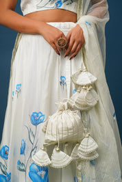 White Orchid Blue Lehenga Set – Elegant Floral Satin for Weddings & Celebrations - House of Baisa
