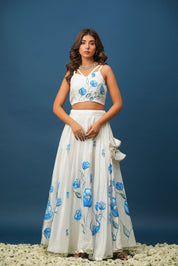White Orchid Blue Lehenga Set – Elegant Floral Satin for Weddings & Celebrations - House of Baisa