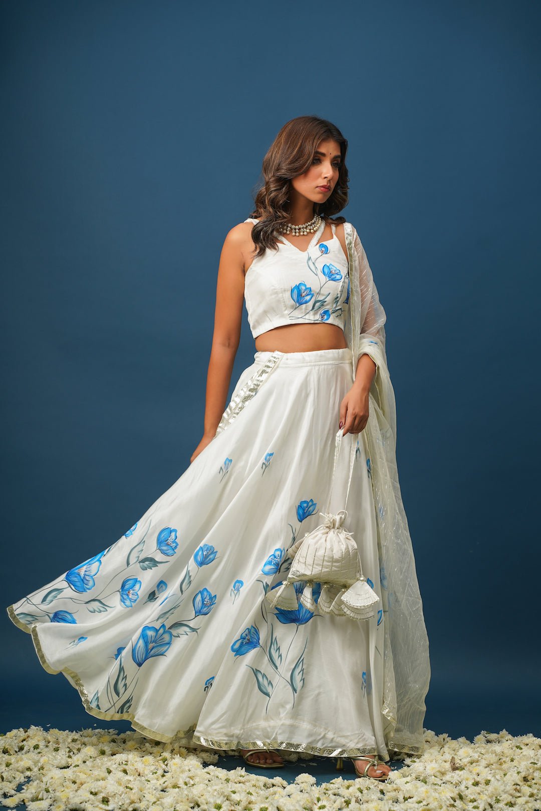 White Orchid Blue Lehenga Set – Elegant Floral Satin for Weddings & Celebrations - House of Baisa