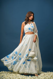 White Orchid Blue Lehenga Set – Elegant Floral Satin for Weddings & Celebrations - House of Baisa