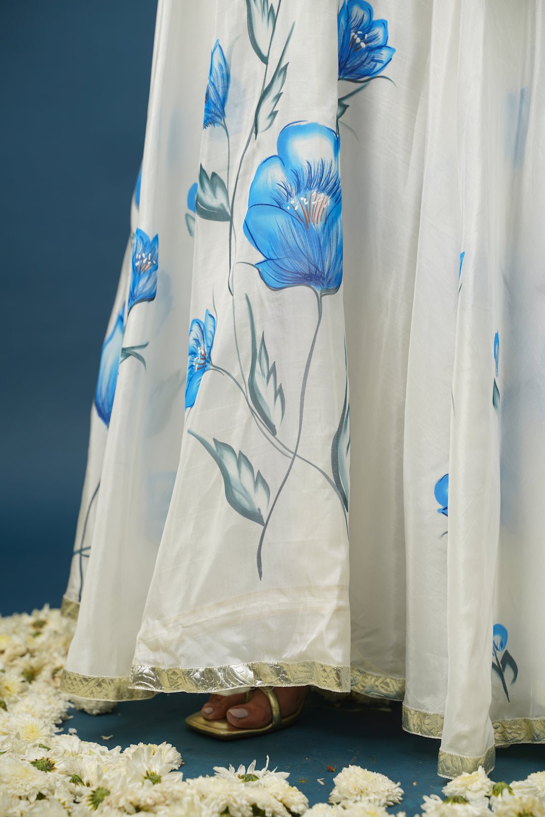 White Orchid Blue Lehenga Set – Elegant Floral Satin for Weddings & Celebrations - House of Baisa