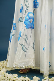 White Orchid Blue Lehenga Set – Elegant Floral Satin for Weddings & Celebrations - House of Baisa