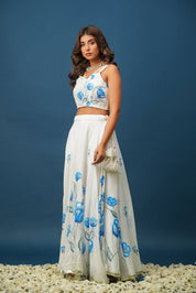 White Orchid Blue Lehenga Set – Elegant Floral Satin for Weddings & Celebrations - House of Baisa