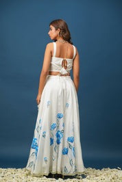 White Orchid Blue Lehenga Set – Elegant Floral Satin for Weddings & Celebrations - House of Baisa