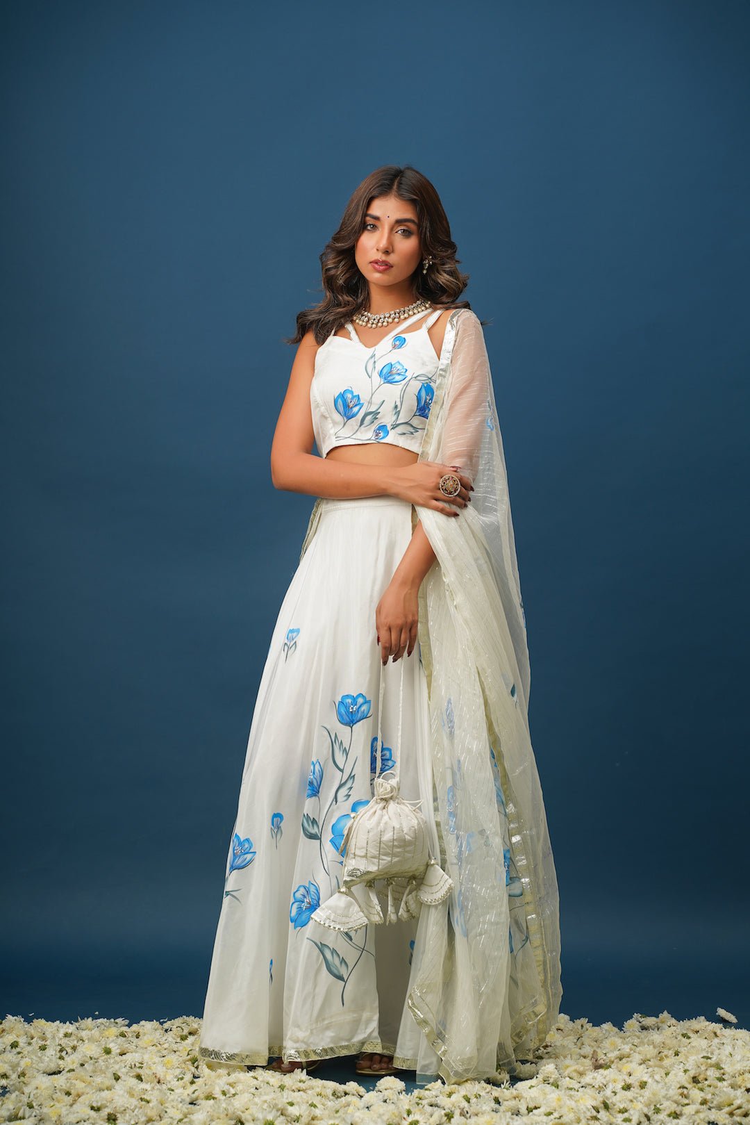 White Orchid Blue Lehenga Set – Elegant Floral Satin for Weddings & Celebrations - House of Baisa