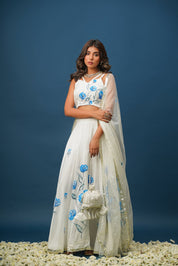 White Orchid Blue Lehenga Set – Elegant Floral Satin for Weddings & Celebrations - House of Baisa