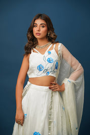 White Orchid Blue Lehenga Set – Elegant Floral Satin for Weddings & Celebrations - House of Baisa